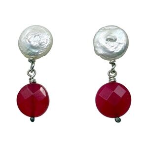 Hand Made sterling silver freshwater pearl & red chalcedony drop earrings